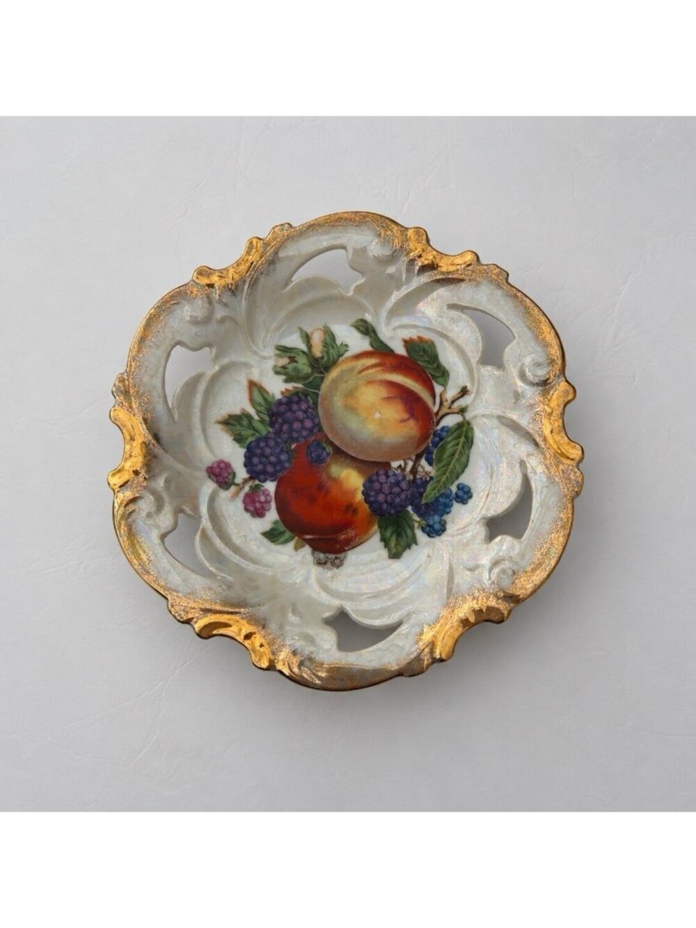 Vintage Gold Rim Shallow Lusterware Plate Fruit Pattern Japan Country Farmhouse